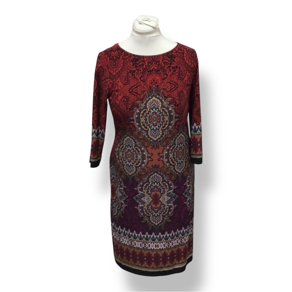 London Times Women’s 3/4 Sleeve Paisley Print Shift Dress Knee Length Red 12